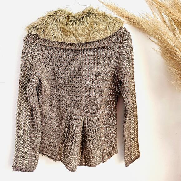 ANTHROPOLOGIE CHARLIE ROBIN Brown Tan Rushcliffe Fur Collar Cardigan Sweater S - Picture 10 of 11